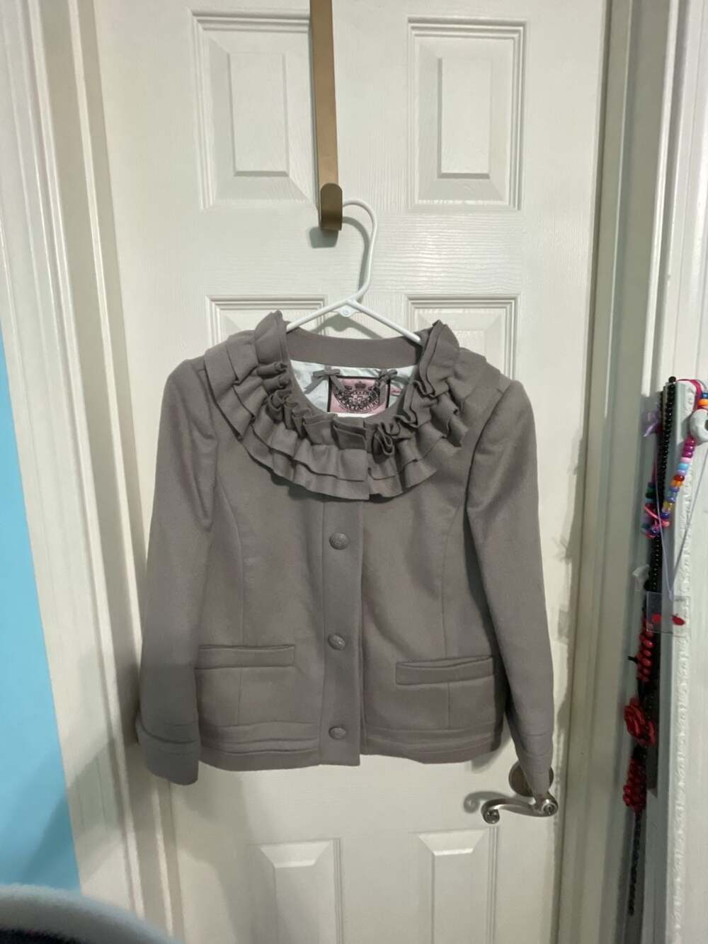 Juicy Couture Women's Gray Wool-Blend Ruffle-Collar Blazer Jacket